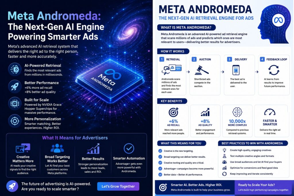 Illustration of Meta Andromeda AI system optimizing Facebook and Instagram ad delivery using machine learning and creative analysis

