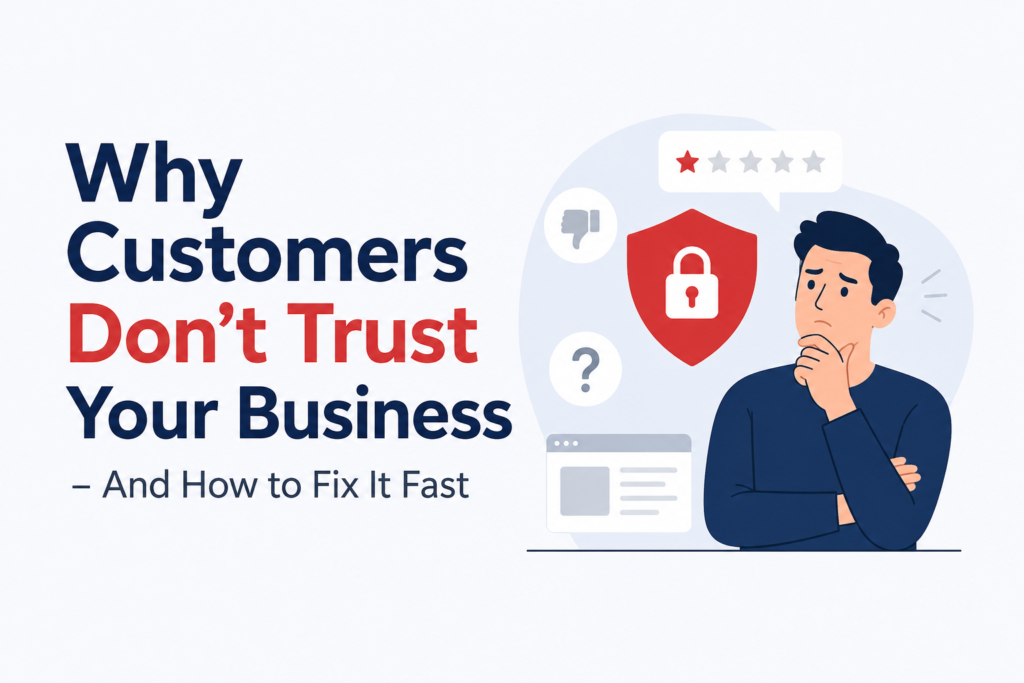 Illustration showing why customers don't trust your business and the importance of building trust through branding, reviews, and digital marketing.