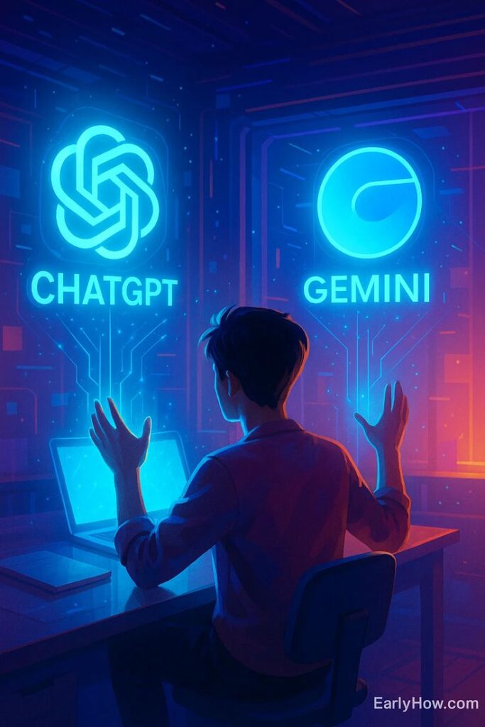 ChatGPT and Gemini AI comparison illustration for beginners course