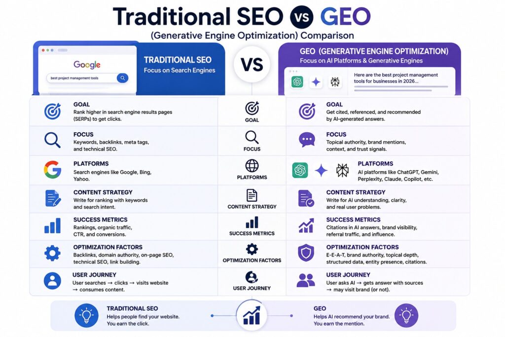 Trad‌itional SEO vs GEO (Genera‌tive Engine Optimi‍zation) comparison

