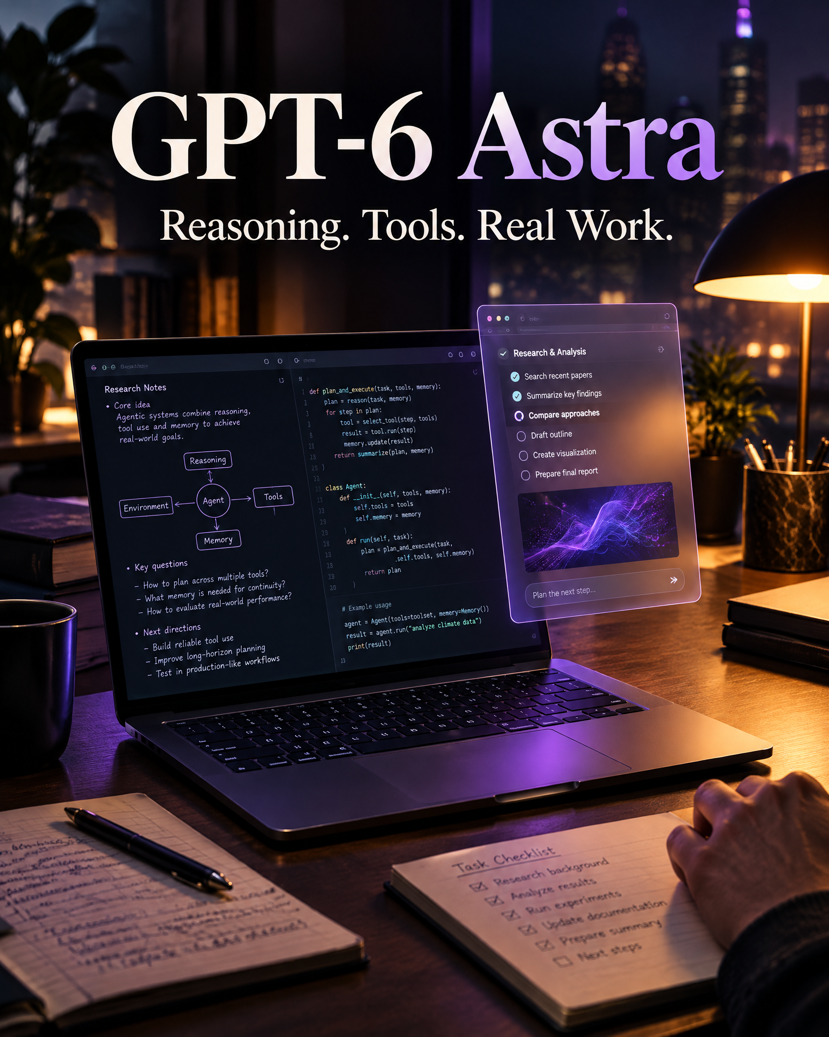 Editorial poster showing a professional workspace representing GPT-6 Astra and agentic AI